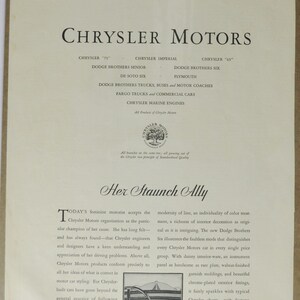 Grote autoadvertentie 1929 Chrysler Motors (autobedrijf klassieke oude fotoadvertentie onderdelen gedrukte brochure dealer dealer Amerikaanse motor VS)