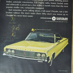 Pubblicità di un'auto di grandi dimensioni, Chrysler Newport 2 porte Hardtop (azienda automobilistica, pubblicità fotografica classica, vecchia, parti, brochure stampata, concessionario, motore americano, USA)