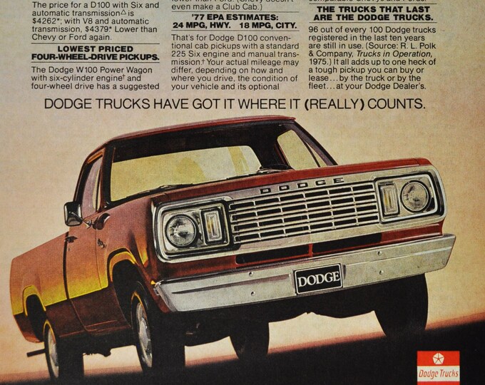 Car Ad 1977 Dodge D100 Pickup (motor Company Classic Old Photo