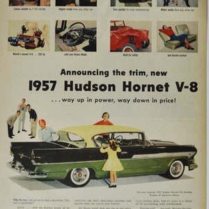 Grote autoadvertentie 1957 Hudson Hornet V-8 hardtop (autobedrijf klassieke oude foto-advertentie gedrukte brochure klassiek dealer dealer auto VS)