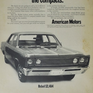 Pubblicità di un'auto di grandi dimensioni, AMC Rebel 4 porte berlina (American Motors Company, pubblicità fotografica classica, vecchia, concessionaria, brochure, ricambi USA Rambler)