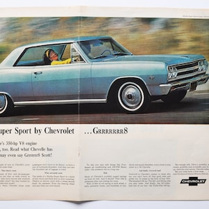 Anúncio de carro de 2 páginas Chevrolet Malibu Super Sport Coupe (gm general motor company clássico foto antiga folheto de propaganda concessionária concessionária de automóveis)