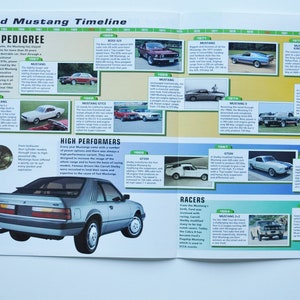 Tijdlijnblad Ford Mustang (1964-heden) (autofoto info specificaties brochure print onderdelen advertentie shelby boss king cobra gt350 mach GT SVO Saleen)