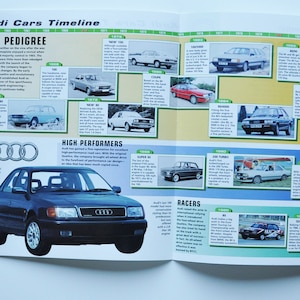 Folha de linha do tempo Audi Cars (1965-PRESENT) (foto do carro, informações sobre especificações, folheto de impressão de peças, anúncio cupê 80 90 100 super 200 turbo quattro v8 a3 a6 s4)