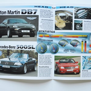 May include: A side-by-side comparison of two luxury sports cars, a black Aston Martin DB7 and a dark blue Mercedes-Benz 500SL. The image includes performance statistics and details about each car, such as acceleration, top speed, engine capacity, and weight.