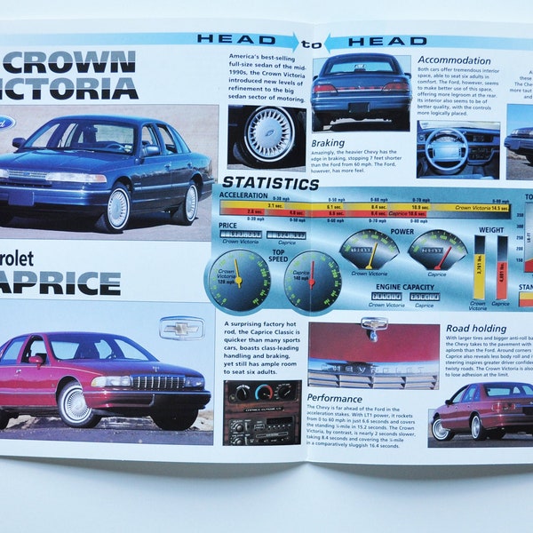 Compare Sheet Ford Crown Victoria VS Chevrolet Caprice (car photo stat info specs brochure print poster parts ad dealer engine fast sedan)