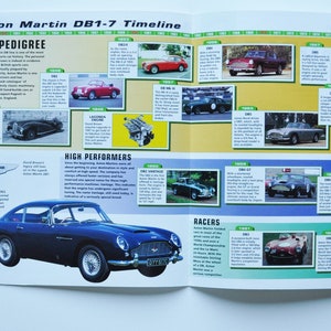 May include: A timeline of the Aston Martin DB1-7 series of sports cars. The timeline includes images of the cars and text describing the history of the cars. The text includes the years the cars were produced, the names of the cars, and the key features of the cars.