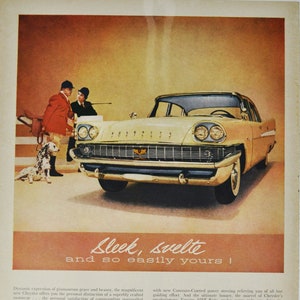 Grande pubblicità per auto Chrysler del 1958 (azienda automobilistica, pubblicità fotografica classica, vecchia, parti, brochure stampate, concessionario, motore americano, torsione, aria, corsa, USA)