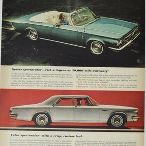 Grande pubblicità per auto del 1963 Chrysler 300 e Newport (azienda automobilistica, pubblicità fotografica classica, vecchia, parti, brochure stampate, concessionario, motore americano, USA, USA)