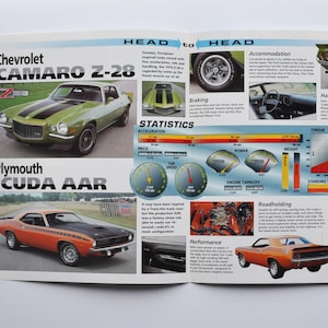 Comparer Feuille Chevrolet Camaro Z-28 VS Plymouth 'Cuda AAR (voiture photo stat info spécifications brochure imprimer poster pièces annonce vieux muscle de course classique)