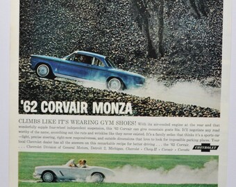 Anuncio de automóvil grande Chevrolet Corvair Monza 1962 (anuncio fotográfico antiguo clásico de GM, empresa General Motors, piezas, folleto impreso, concesionario, concesionario)