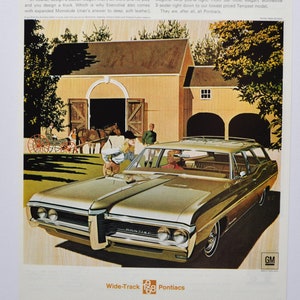 Pubblicità di un'auto di grandi dimensioni del 1968 Pontiac Executive Safari (GM General Motors Company, pubblicità fotografica classica di vecchia data, brochure stampata di ricambi Station Wagon)