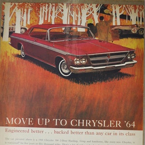 Grote autoadvertentie 1964 Chrysler 300 2-deurs hardtop (autobedrijf klassieke oude fotoadvertentie onderdelen gedrukte brochure dealer Amerikaanse motor VS)