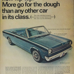 Grande pubblicità per auto 1966 AMC Rambler American 440 (American Motors Company, pubblicità fotografica classica, vecchia, parti, brochure stampata, concessionario USA US auto)