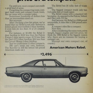 Pubblicità di un'auto di grandi dimensioni AMC Rebel 2 porte hardtop (American Motors Company, pubblicità fotografica classica, vecchia, concessionaria, brochure, ricambi USA Rambler)