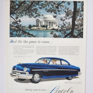 Grande pubblicità per auto Lincoln del 1951 (Ford Motor Company, vecchia foto classica, pubblicità, brochure stampata, concessionario America Auto Cosmopolitan Sedan)