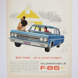 Pubblicità di un'auto di grandi dimensioni, Oldsmobile F-85 del 1963 (GM General Motors Company, pubblicità fotografica classica d'epoca, brochure stampata, concessionario America Olds Auto)
