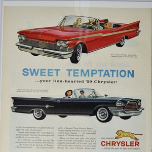Grande pubblicità per auto 1959 Chrysler Windsor / 300-E / New Yorker (pubblicità fotografica classica di una vecchia azienda automobilistica, parti, brochure stampate, concessionario, motore)