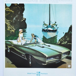 Grande pubblicità per auto Pontiac GTO del 1968 (GM General Motors Company, pubblicità fotografica classica d'epoca, brochure stampata di parti Tempest Custom LeMans auto)