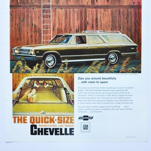 Pubblicità di un'auto di grandi dimensioni, Chevrolet Chevelle Concours Custom Wagon del 1967 (rivenditore di parti di ricambio per la pubblicità fotografica classica della General Motors Company GM)