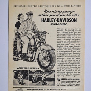Publicité pour moto Harley-Davidson Hydra-Glide de 1952 (photo ancienne classique d'une entreprise de motos, publicité originale pour pièces détachées, brochure imprimée, concession)
