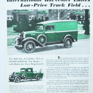 Grote advertentie 1933 Delivery Truck International Trucks (motor klassieke oude fotoadvertentie print harvester company hamilton ontario canada)
