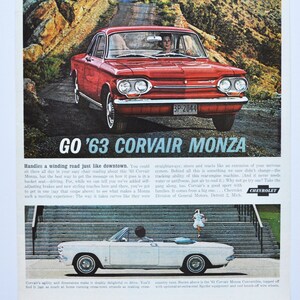 Grande pubblicità per auto Chevrolet Corvair Monza del 1963 (GM General Motors Company, vecchia foto classica, pubblicità, brochure stampata, concessionario)
