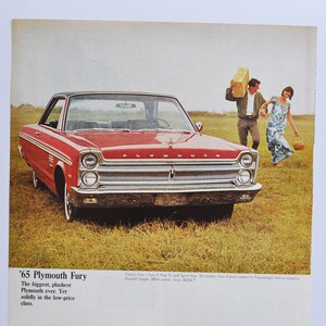 Grote autoadvertentie 1965 Plymouth Fury (motorbedrijf chrysler oude klassieke fotoadvertentie onderdelen gedrukte brochure belvedere barracuda dapper)