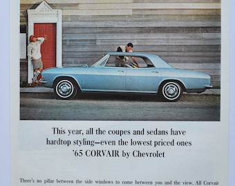 Anuncio de automóvil grande Chevrolet Corvair Monza Sport Sedan 1965 (anuncio fotográfico antiguo clásico de GM General Motors Company, folleto impreso de piezas de automóvil)
