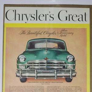Grande pubblicità per auto 1949 Chrysler Silver Anniversary Model (azienda automobilistica classica vecchia foto pubblicità parti stampa brochure rivenditore americano USA)