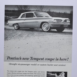 Grande pubblicità per auto Pontiac Tempest del 1961 (GM General Motors Company, pubblicità fotografica classica d'epoca, parti, brochure stampate, concessionario, auto degli Stati Uniti)