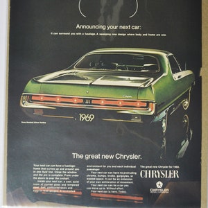 Pubblicità di un'auto di grandi dimensioni del 1969, Chrysler 300 2 porte Hardtop (vecchia pubblicità fotografica classica di una casa automobilistica, parti, brochure stampate, concessionario USA)