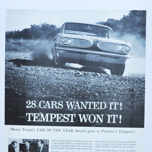 Grande pubblicità per auto Pontiac Tempest del 1962 (GM General Motors Company, pubblicità fotografica classica d'epoca, parti, brochure stampate, concessionario, auto degli Stati Uniti)