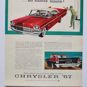 Grote autoadvertentie 1957 Chrysler Windsor (autobedrijf klassieke oude fotoadvertentie onderdelen gedrukte brochure dealer auto luxe V8 Amerikaanse sedan)