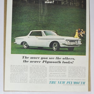 Grote autoadvertentie 1962 Plymouth (autobedrijf chrysler oude klassieke foto advertentie onderdelen gedrukte brochure dealer dealer garage station VS)
