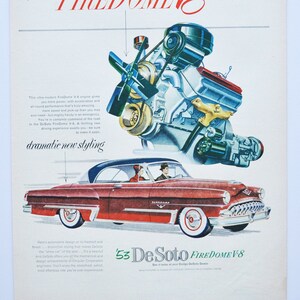 Grote auto-advertentie 1953 DeSoto FireDome V8 (autobedrijf klassieke oude foto-advertentie gedrukte brochure retro auto de Soto Fire Dome)