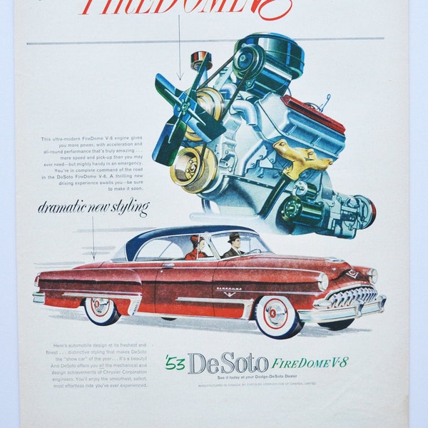 Large Car Ad 1958 DeSoto FireDome V8 (motor company classic old photo advertisement print brochure retro automobile de soto Fire Dome)