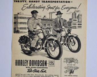 Motorcykelannons 1951 Harley-Davidson 125 Tele-Glide gaffel (motorcykelföretagets klassiska gamla foto, originalannons, reservdelar, tryckt broschyr)