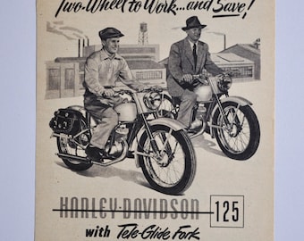 Motorcykelannons 1951 Harley-Davidson 125 Tele-Glide gaffel (motorcykelföretagets klassiska gamla foto, originalannons, reservdelar, tryckt broschyr)