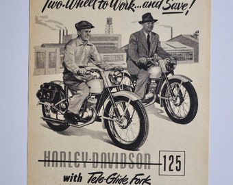 Motorcykelannons 1951 Harley-Davidson 125 Tele-Glide gaffel (motorcykelföretagets klassiska gamla foto, originalannons, reservdelar, tryckt broschyr)