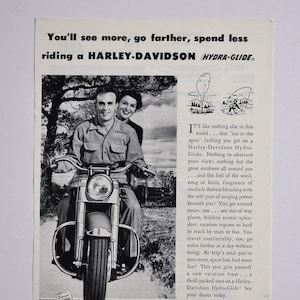 Motorrad Anzeige 1951 Harley-Davidson Hydra-Glide (Motorrad Firma Klassiker altes Foto original Werbung Teile Print Broschüre Autohaus)