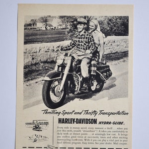 Motorrad Anzeige 1951 Harley-Davidson Hydra-Glide (Motorrad Firma Klassiker altes Foto original Werbung Teile Print Broschüre Autohaus)