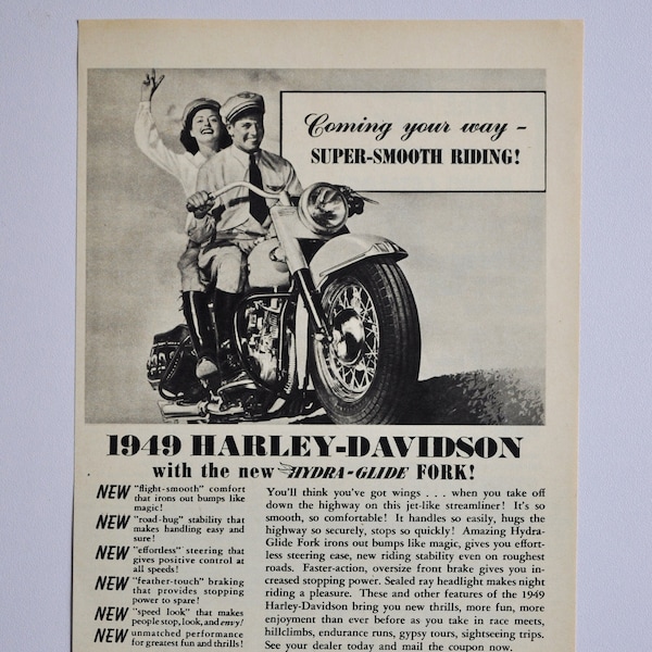 Annonce moto 1948 Harley-Davidson Hydra-Glide Fork (société de moto classique vieille photo originale publicité pièces imprimer brochure concessionnaire)