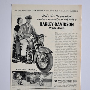 Publicité pour moto Harley-Davidson Hydra-Glide de 1952 (photo ancienne classique d'une entreprise de motos, publicité originale pour pièces détachées, brochure imprimée, concession)