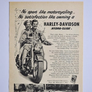 Motorrad Ad 1952 Harley-Davidson Hydra-Glide (Motorrad Firma Klassiker altes Foto original Werbung Teile Print Broschüre Autohaus)