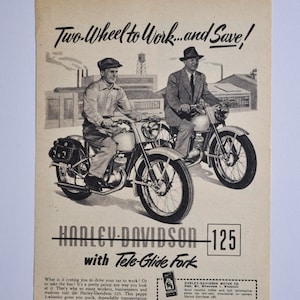 Publicité pour moto Harley-Davidson 125 Tele-Glide Fork de 1951 (brochure imprimée sur les pièces détachées d'une vieille photo classique d'entreprise de motos)