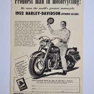 Publicité pour moto Harley-Davidson Hydra-Glide de 1952 (photo ancienne classique d'une entreprise de motos, publicité originale pour pièces détachées, brochure imprimée, concession)