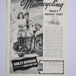 Motorrad Anzeige 1949 Harley-Davidson Hydra-Glide Fork (Motorrad Firma Klassiker altes Foto original Werbeteile Print Broschüre Händler)