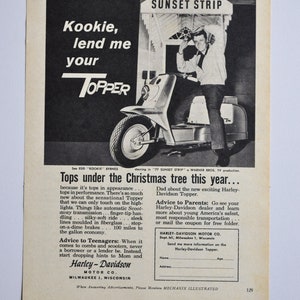 Publicité pour moto Harley-Davidson 1960 (moto classique d'entreprise, vieille photo, publicité originale pour pièces détachées, brochure imprimée, concessionnaire Hydra-Glide)