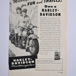 Motorrad Ad 1947 Harley-Davidson (Motorrad Firma Klassiker altes Foto original Werbung Teile Print Broschüre Autohaus Hydra-Glide)